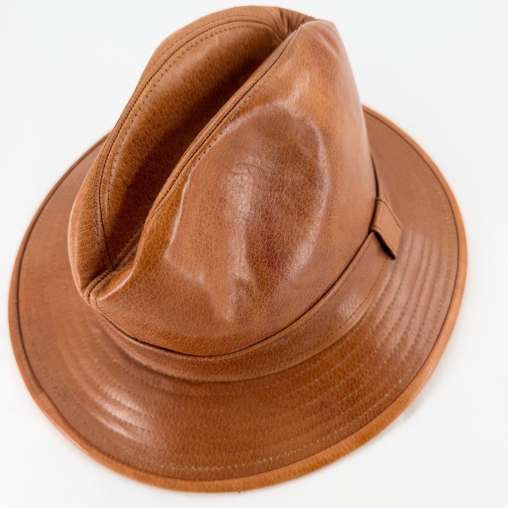 Vintage Dobbs Fifth Avenue Golden Coach Brown Leather Fedora Hat 7 1/8 1960s